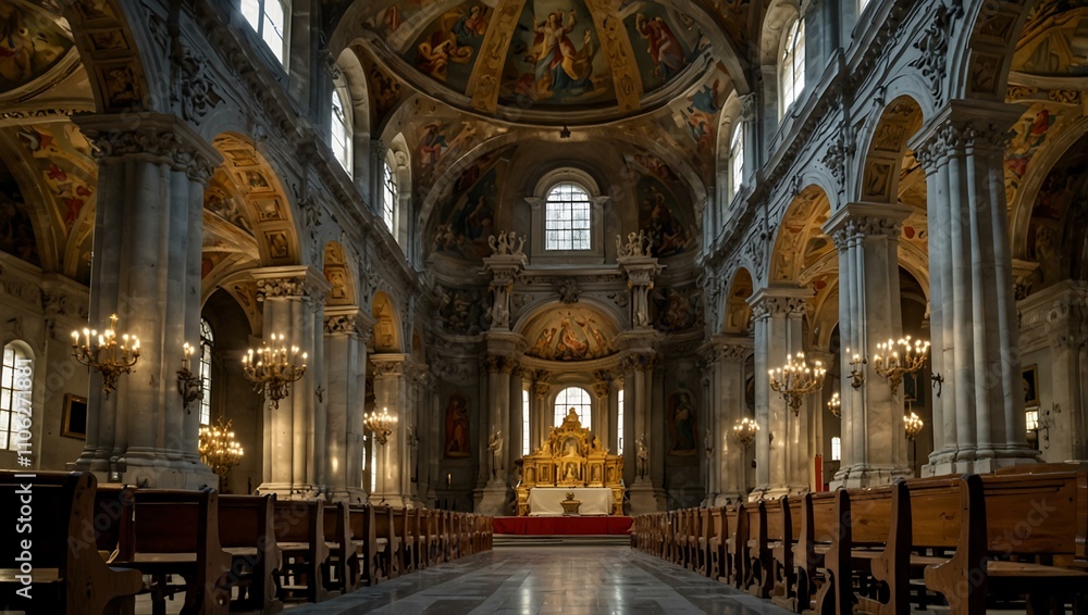 Interior of the 16th-century baroque San Siro Basilica. Interior of the 16th-century baroque San Siro Basilica.