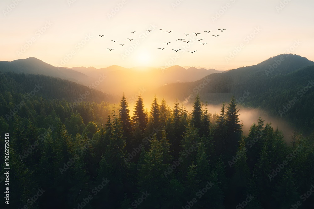 Fototapeta premium Sunrise over the mountains, casting a golden glow on the peaks and illuminating a lush forest below, creating a serene and breathtaking natural landscape
