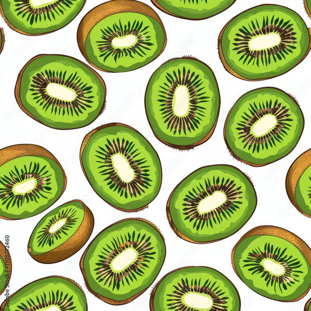 Fototapeta premium Kiwi slices forming a vibrant and refreshing seamless pattern