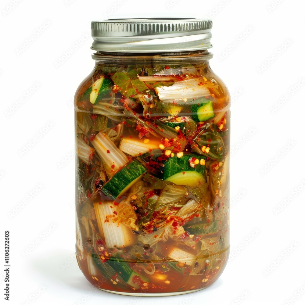 Glass jar filled with fresh oi sobagi, a korean cucumber kimchi Glass jar filled with fresh oi sobagi, a korean cucumber kimchi