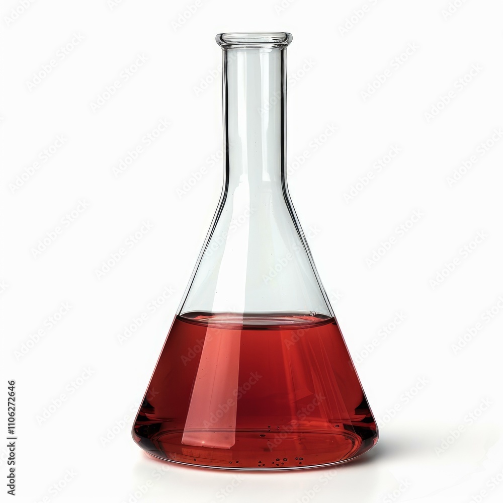 Erlenmeyer flask containing red chemical liquid on white background Erlenmeyer flask containing red chemical liquid on white background