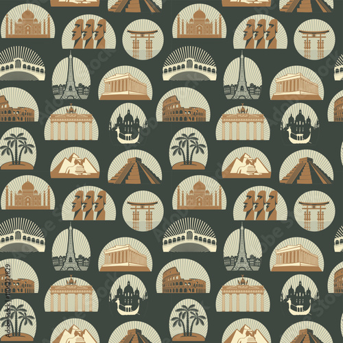 Vector seamless pattern with various world sights. Decorative background on a travel theme with famous architectural landmarks. Suitable for wallpaper, wrapping paper in retro style