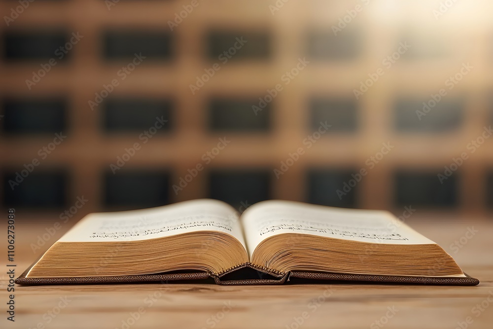 Obraz premium The Quran book placed on a wooden stand, opened to a beautifully decorated page, symbolising spirituality, reverence, and the sacred teachings of Islam