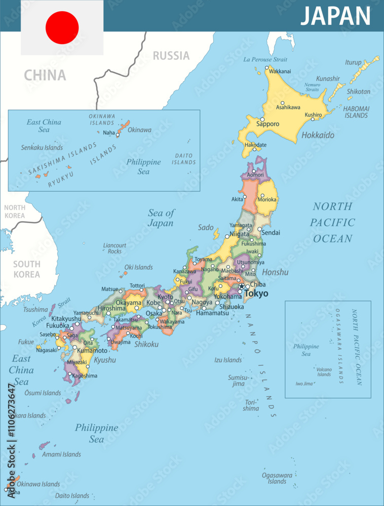 Fototapeta premium Japan Map Vector New 2024 Colorful - Customizable layered political map of Japan with administrative divisions for website, education, reports, news, politics, print, poster and wallpaper