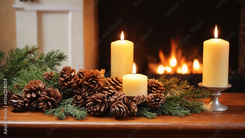 Warm candlelight amidst pine cones creates a cozy atmosphere for winter gatherings at home Warm candlelight amidst pine cones creates a cozy atmosphere for winter gatherings at home