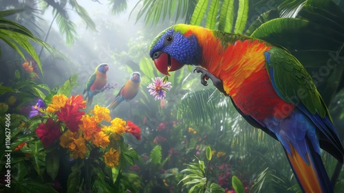 Wallpaper Mural Brightly colored lorikeets sipping nectar from flowers, surrounded by a dense, misty rainforest canopy. Torontodigital.ca