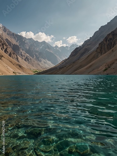 Iskanderkul Lake in Tajikistan, surrounded by mountains. photo