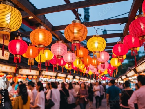 Colorful traditional lanterns illuminate bustling market festive celebration. photo