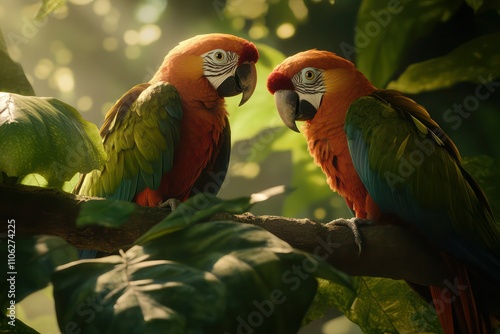 Bronze-winged parrots on a branch with thick green leaves, overlooking a forest floor. photo