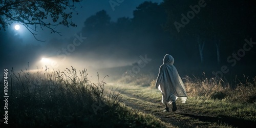 Mysterious figure walking down a foggy path with headlights approaching at night photo