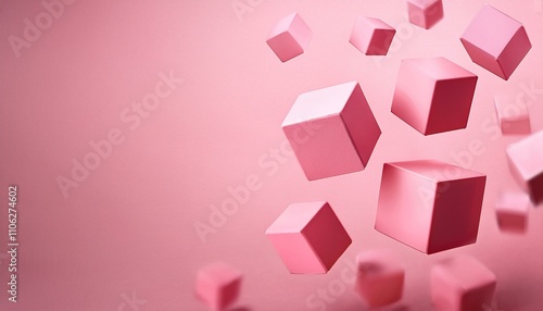 3D floating pink cubes on a pink color background; graphic resources; graphic elements; multiple cubes floating with solid color background; digital cubes in the air; boxes floating in the space; cube