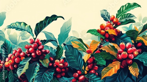 Vibrant coffee plants with ripe berries and lush leaves.