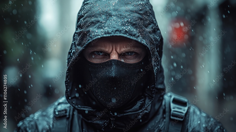 Masked man in rain, intense gaze. Masked man in rain, intense gaze.
