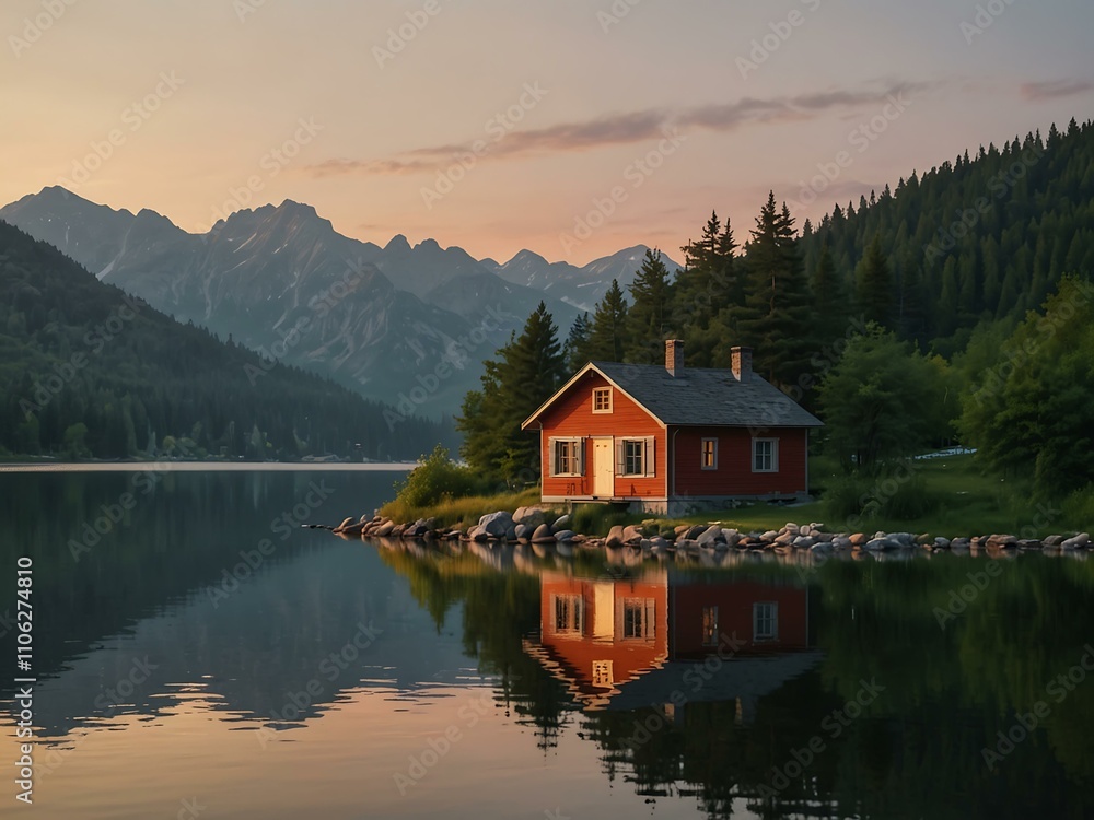 Fototapeta premium Isolated house by a mountain lake at sunset.