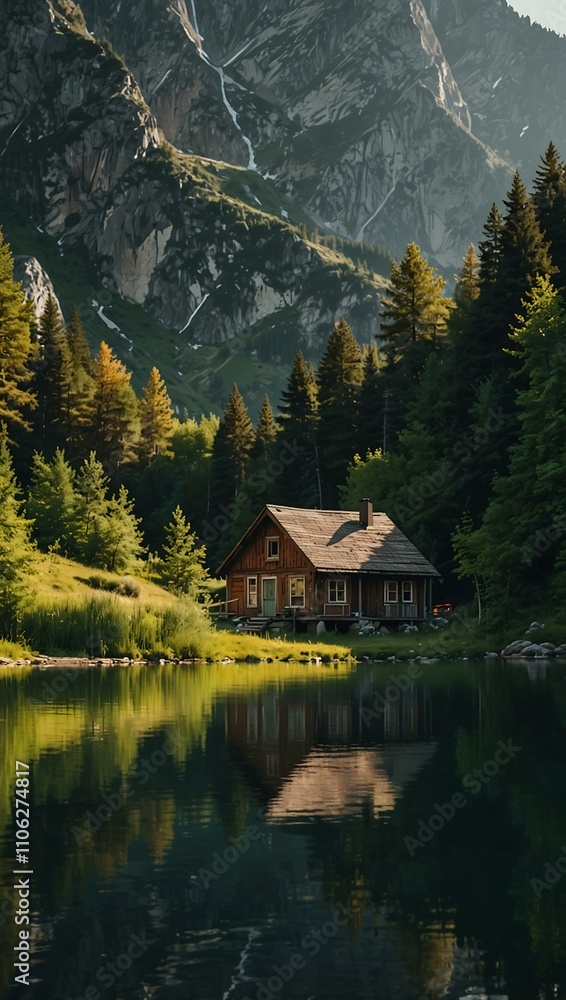 Fototapeta premium Isolated house by a mountain lake.