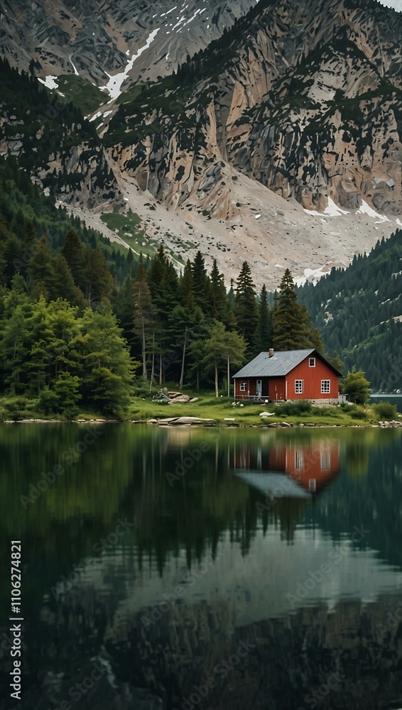 Fototapeta premium Isolated house by a mountain lake.