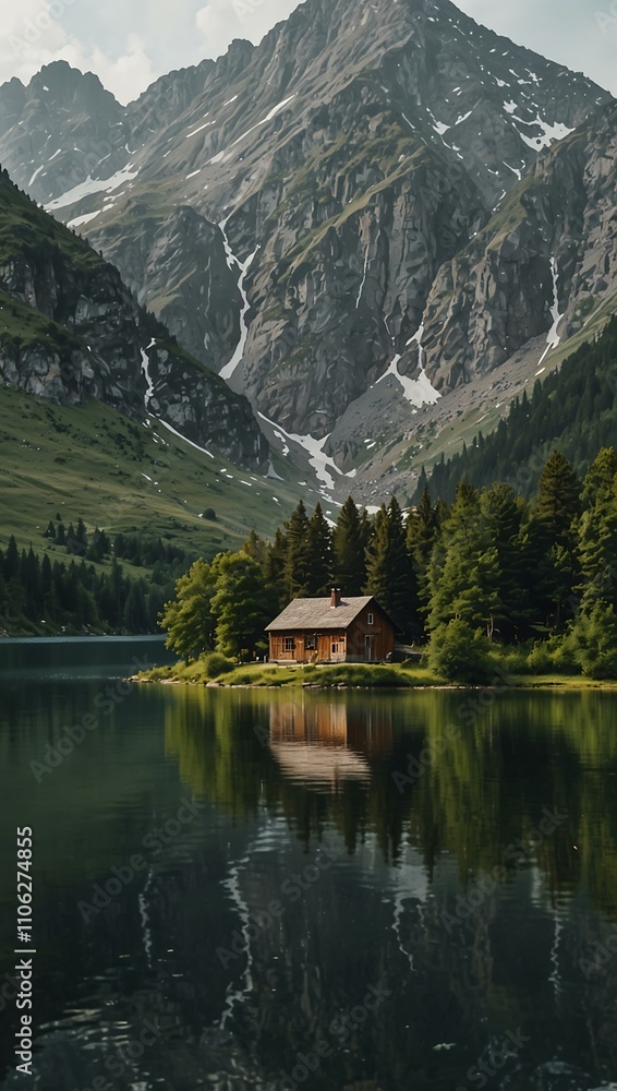 Fototapeta premium Isolated house by a mountain lake.