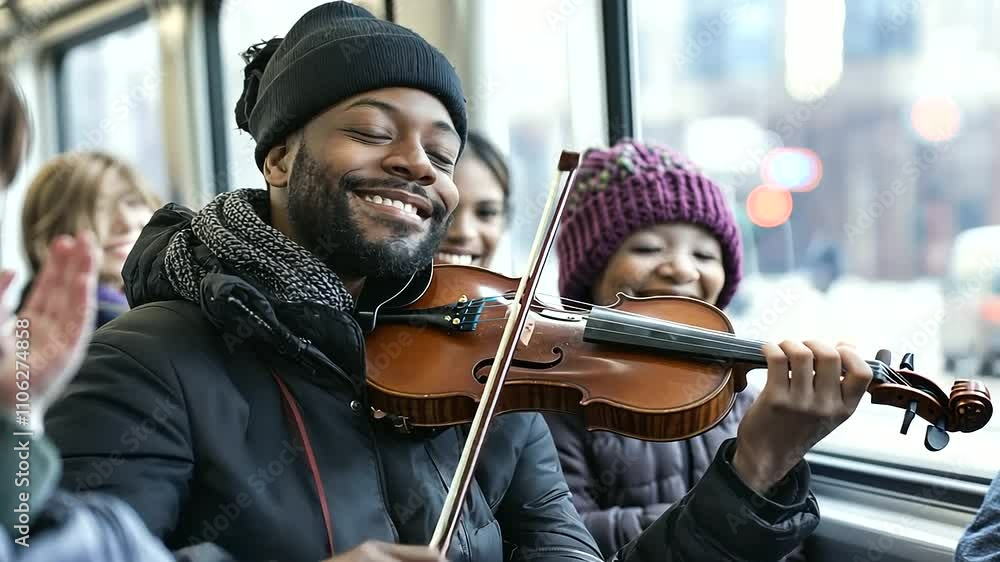 1_Commuter Playing Violin on Chicago Train with Clapping Toddler
