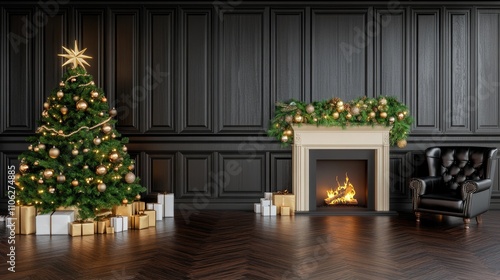 A moody Christmas room features a decorated tree, a glowing fireplace, and a leather armchair offering festive warmth