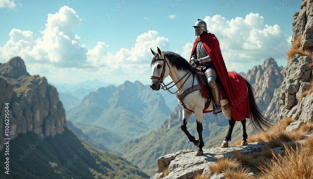 Knight in medieval attire on majestic white horse overlooking a breathtaking landscape under blue skies Knight in medieval attire on majestic white horse overlooking a breathtaking landscape under blue skies