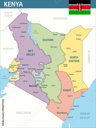 Kenya Map Vector New 2024 Colorful - Customizable layered political map of Kenya with administrative divisions for website, education, reports, news, politics, print, poster and wallpaper