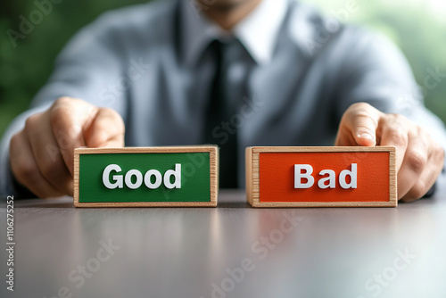 Business decision-making analysis office image indoor close-up view balancing good vs. Bad choices with ai insights