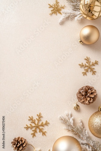 Festive gold Christmas vertical decorations including baubles and a snowflake on a neutral beige surface creating a sophisticated holiday atmosphere