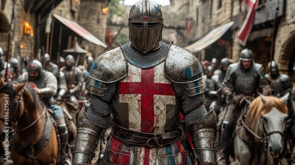 Medieval knight in full armor leading soldiers on horseback. Medieval knight in full armor leading soldiers on horseback.