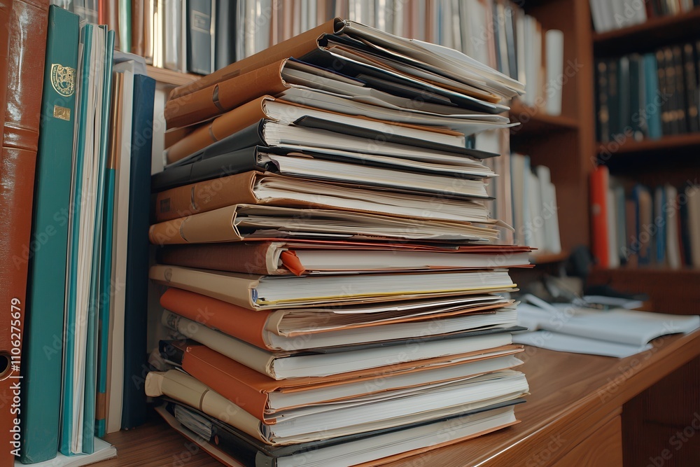 Obraz premium Row of colourful folders neatly arranged on a shelf, showcasing organisation and efficiency, perfect for office or school document storage