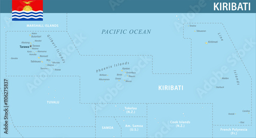 Kiribati Map Vector New 2024 Colorful - Customizable layered political map of Kiribati with administrative divisions for website, education, reports, news, politics, print, poster and wallpaper