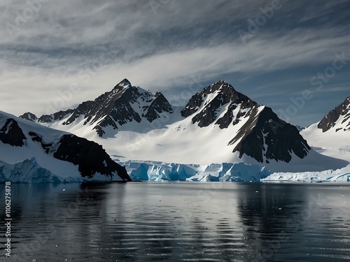 Jagged black mountains at Neumayer Channel, Antarctica. photo