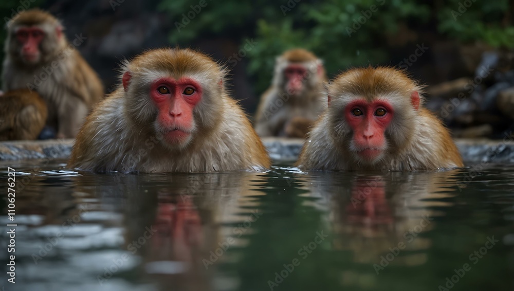Naklejka premium Japanese macaques soaking in an onsen.