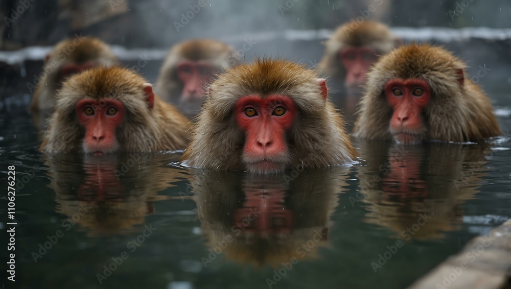 Fototapeta premium Japanese macaques soaking in an onsen.