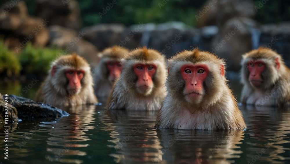 Naklejka premium Japanese macaques soaking in an onsen.