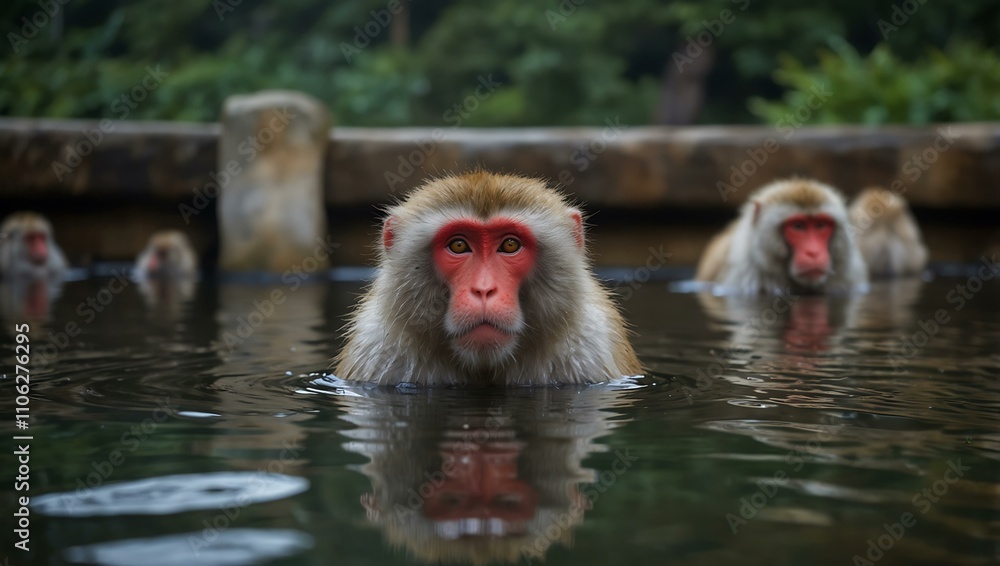 Naklejka premium Japanese macaques soaking in an onsen.