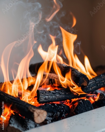 close up of burning firewood with flames and embers perfect for use in backgrounds decorations warmth and coziness.