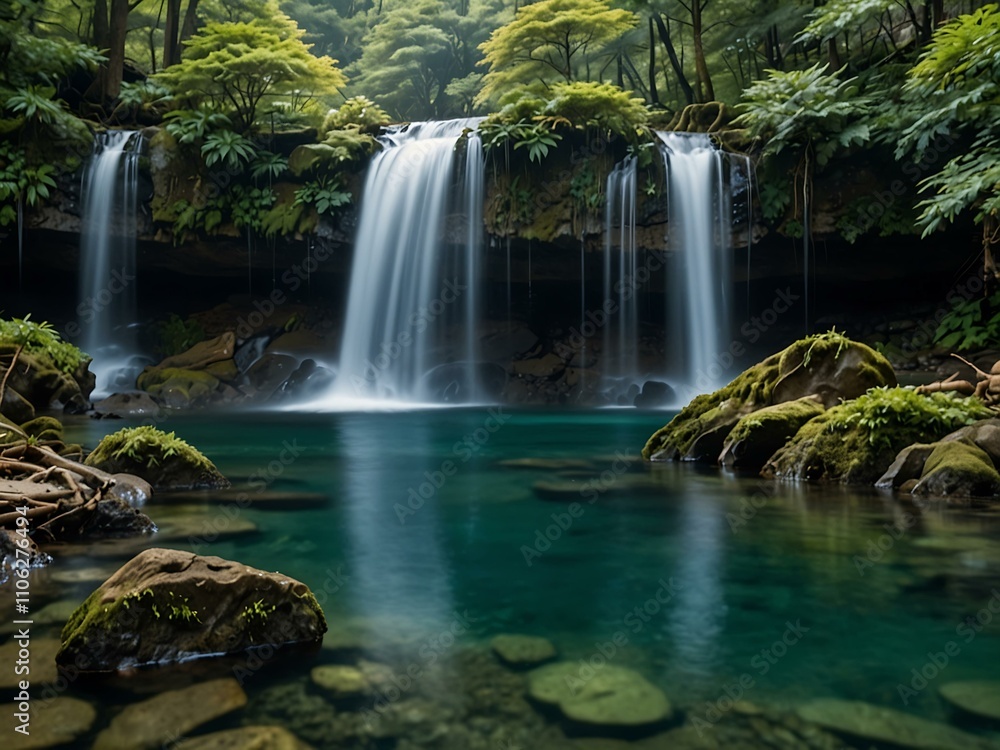 Fototapeta premium Japanese waterfall with clear water in a serene forest.