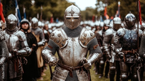 Medieval knight in full armor leads army.