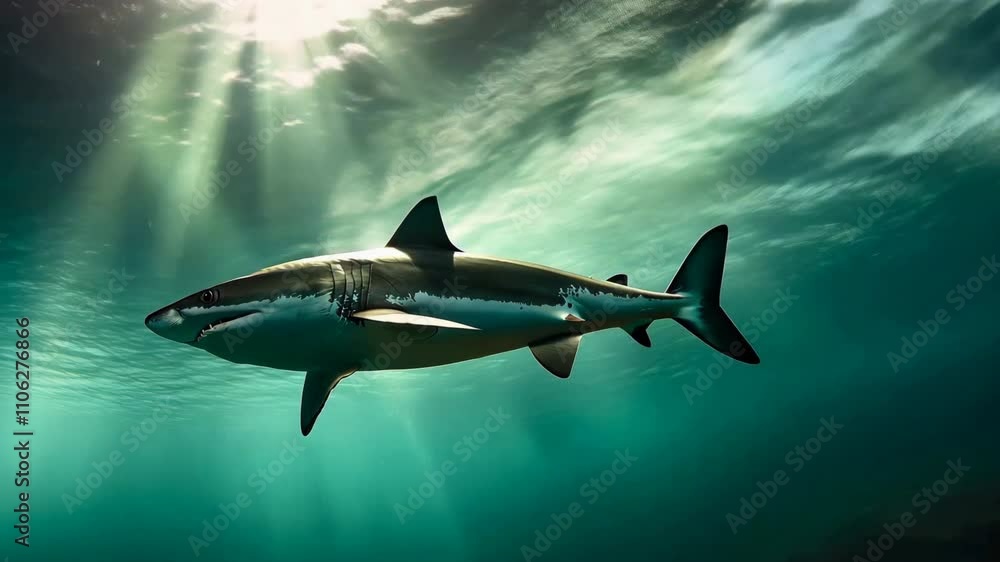 Underwater view of a large shark. Danger that awaits in the depths of the ocean. Underwater view of a large shark. Danger that awaits in the depths of the ocean.