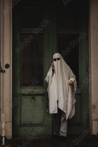 A cloaked figure stands by a green door, wearing a white sheet masquerade costume and dark sunglasses. The atmosphere is eerie, combining street art and urban grunge. photo