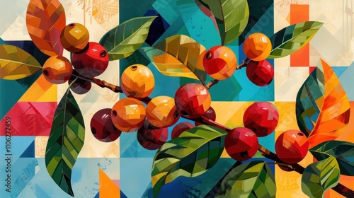 Vibrant coffee beans on branch with geometric background.
