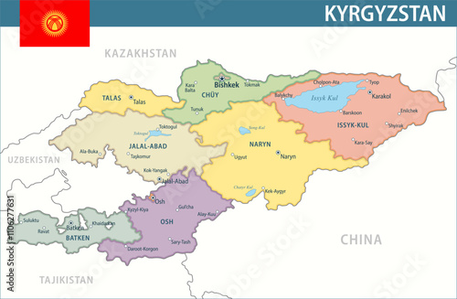 Kyrgyzstan Map Vector New 2024 Colorful - Customizable layered political map of Kyrgyzstan with administrative divisions for website, education, reports, news, politics, print, poster and wallpaper