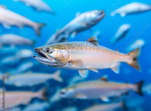 An aquatic snapshot featuring a sizable assembly of Atlantic salmon.