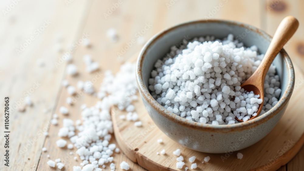 A bowl of Celtic salt with wooden spoon on a wooden table. A bowl of Celtic salt with wooden spoon on a wooden table.