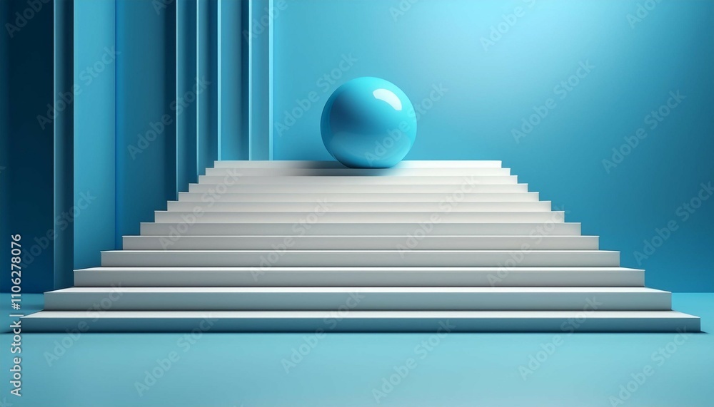 Obraz premium white stairs and blue ball with blue background 3d scene 3d render generate ai