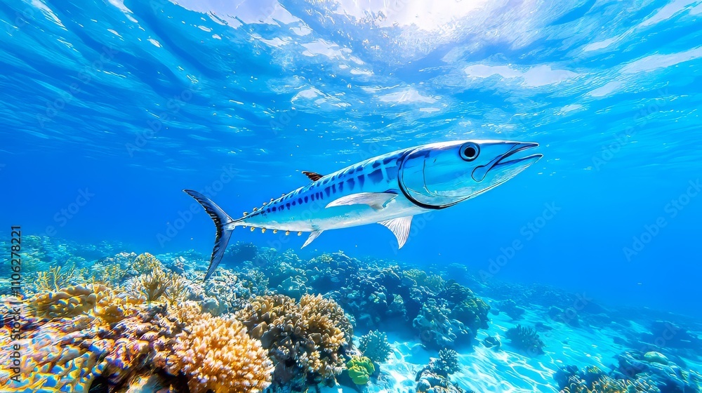 Fototapeta premium The clear ocean water is home to gracefully swimming Blue Fin Tuna, whose vibrant hues reveal the stunning beauty of marine life and underwater ecosystems.