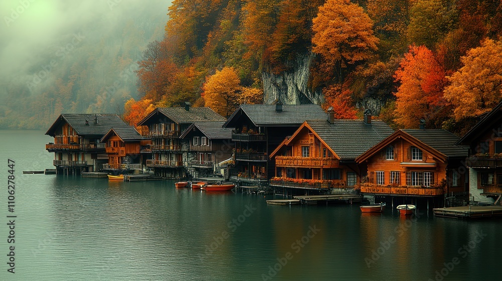 Fototapeta premium Misty autumn lake with wooden houses.