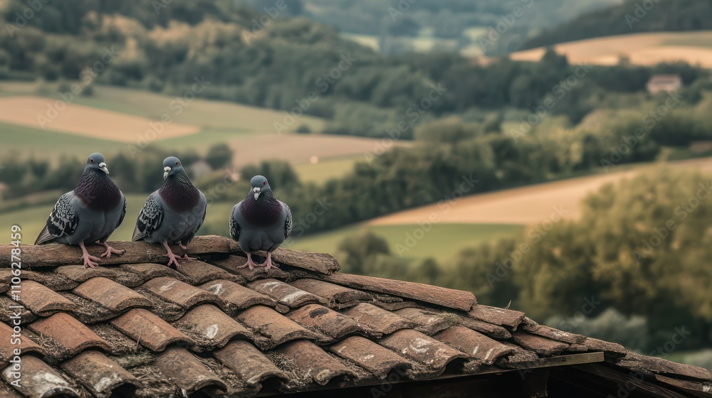 Dusky pigeons on a rustic barn roof, with rolling fields and forested hills in the background. Dusky pigeons on a rustic barn roof, with rolling fields and forested hills in the background.