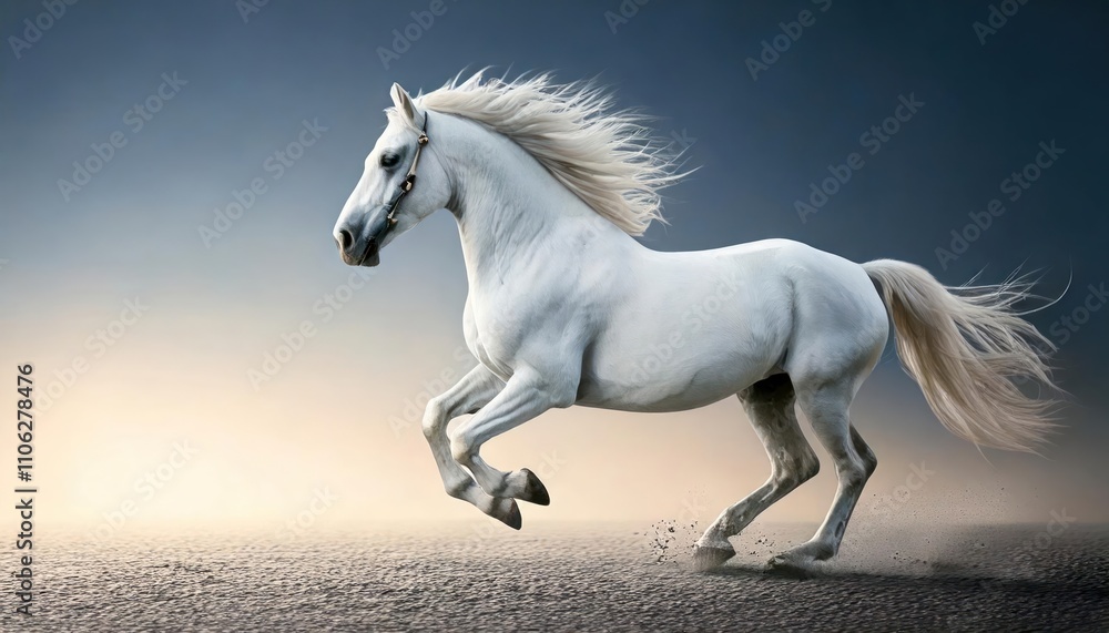 a strong white horse running, camera from the side, hipper realistic a strong white horse running, camera from the side, hipper realistic