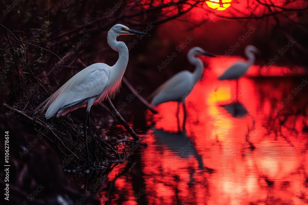 Fototapeta premium Egrets on a riverbank, with a red sunset reflecting off the water and silhouetting trees.